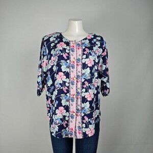 Vintage Essential Needs Blue Floral Button Up Blouse Size M